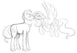 Size: 1024x711 | Tagged: safe, artist:heeeeresizzy, derpibooru import, applejack, fluttershy, earth pony, pegasus, pony, appleshy, blushing, cutie mark, female, flying, grayscale, heart, kissing, lesbian, mare, monochrome, scrunchy face, shipping, simple background, sketch, white background