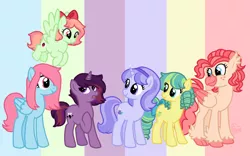 Size: 1280x797 | Tagged: safe, artist:sandwichbuns, derpibooru import, oc, oc:black magic, oc:cornflower, oc:gale wings, oc:ladybird, oc:singalong, oc:spongecake, unofficial characters only, classical hippogriff, earth pony, hippogriff, pegasus, pony, unicorn, female, magical lesbian spawn, mare, next gen mane six, next generation, offspring, parent:applejack, parent:coloratura, parent:fluttershy, parent:rainbow dash, parent:starlight glimmer, parent:tempest shadow, parent:trixie, parent:twilight sparkle, parents:flutterdash, parents:rarajack, parents:startrix, parents:tempestlight