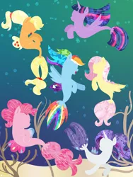 Size: 8535x11379 | Tagged: absurd resolution, alicorn, applejack, artist:illumnious, bubble, derpibooru import, female, fin wings, flowing mane, fluttershy, horn, lineless, mane six, minimalist, modern art, my little pony: the movie, open mouth, pinkie pie, rainbow dash, rarity, safe, seaponified, seapony applejack, seapony fluttershy, seapony (g4), seapony pinkie pie, seapony rainbow dash, seapony rarity, seapony twilight, species swap, swimming, twilight sparkle, twilight sparkle (alicorn), underwater, water, wings