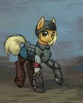 Size: 1280x1581 | Tagged: safe, artist:asimos, derpibooru import, part of a set, applejack, pony, alternate hairstyle, armor, boots, clothes, helmet, looking at you, shoes, shotgun shell, solo, wip