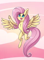 Size: 1760x2420 | Tagged: safe, artist:dsp2003, derpibooru import, fluttershy, pegasus, pony, abstract background, blushing, chest fluff, cloud, cute, female, flying, mare, open mouth, raised hooves, shyabetes, smiling, solo, spread wings, underhoof, wings