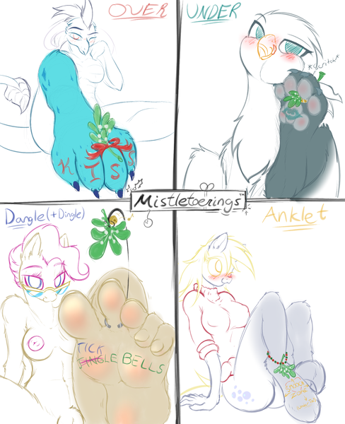 Size: 1952x2400 | Tagged: questionable, artist:frist44, derpibooru import, derpy hooves, gabby, mayor mare, princess ember, oc, anthro, gryphon, anklet, anthro oc, bell, belly button, blushing, body writing, breasts, christmas, clothes, erect nipples, feet, fetish, foot fetish, foot focus, foot worship, holiday, hoof fetish, jewelry, mistletoe, mistletoe abuse, nipple outline, nipples, nudity, paw fetish, paws, ring, sweater, toe ring, toe rings, toes