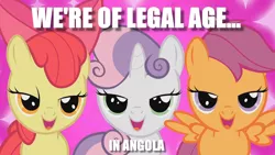 Size: 1080x608 | Tagged: suggestive, derpibooru import, apple bloom, scootaloo, sweetie belle, pony, age of consent, angola, bedroom eyes, blatant lies, bronybait, caption, cutie mark crusaders, fake news, image macro, imminent foalcon, imminent sex, imminent threesome, implied foalcon, jailbait, looking at you, text, this will end in jail time