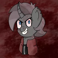 Size: 900x900 | Tagged: safe, alternate version, artist:feelingpandy, derpibooru import, oc, oc:rage, unofficial characters only, pony, unicorn, fallout equestria, blood, bloodshot eyes, bust, clothes, edgy, fallout equestria oc, grin, male, multicolored hair, raider, red background, scar, sharp teeth, simple background, smiling, stallion, teeth