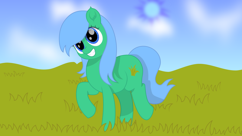 Size: 1920x1080 | Tagged: safe, artist:onil innarin, derpibooru import, oc, oc:kruti napatum, unofficial characters only, earth pony, pony, cloud, ear fluff, female, grass, grin, happy, mare, shading, smiling, solo, trotting, vector, wallpaper