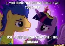 Size: 800x568 | Tagged: safe, derpibooru import, flash sentry, twilight sparkle, twilight sparkle (alicorn), alicorn, pony, caption, drama, female, flashlight, ifunny, image macro, male, op has a point, shipping, straight, text, use a filter