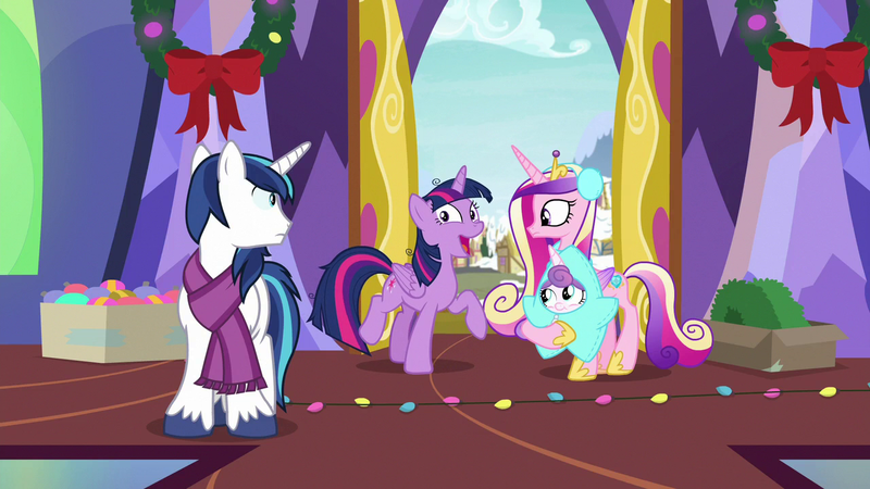 Size: 1280x720 | Tagged: safe, derpibooru import, screencap, princess cadance, princess flurry heart, shining armor, twilight sparkle, twilight sparkle (alicorn), alicorn, pony, best gift ever, christmas, christmas lights, christmas wreath, clothes, earmuffs, holiday, scarf, star flurry heart, twilight's castle, wreath