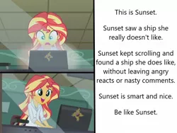 Size: 1656x1248 | Tagged: safe, derpibooru import, editor:leonidus, screencap, sunset shimmer, equestria girls, friendship games, be like bill, computer, gasp, meme, smiling, sunset the science gal, text