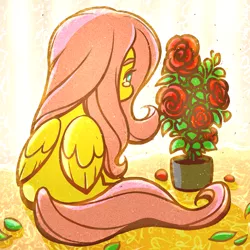 Size: 1929x1929 | Tagged: safe, artist:sigpi, derpibooru import, fluttershy, pegasus, pony, cute, female, flower, folded wings, leaf, looking at something, mare, petals, potted plant, rose, shyabetes, sitting, solo, teary eyes, wings