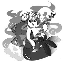 Size: 3000x2924 | Tagged: safe, artist:tentacuddles, derpibooru import, oc, oc:ebony bloodrose, ghost, pony, undead, unicorn, buck legacy, card art, clothes, female, guitar, hat, looking at you, mare, musical instrument, simple background, skull, socks, solo, stockings, thigh highs, transparent background, transparent mane