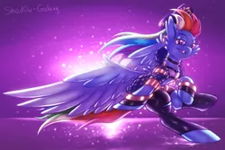 Size: 2025x1350 | Tagged: safe, artist:shad0w-galaxy, derpibooru import, rainbow dash, pegasus, pony, akali, belly button, bipedal, clothes, female, k/da, looking at you, mare, purple background, simple background, smiling, solo, spread wings, wings