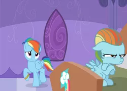 Size: 2760x1988 | Tagged: safe, artist:cherylblackberrychan, artist:doraair, artist:starlightdrop, derpibooru import, part of a set, rainbow dash, oc, oc:rainbow windy, pegasus, pony, alternate hairstyle, base used, bed, blanket, bracelet, crying, female, filly, jewelry, magical lesbian spawn, mare, mother and child, mother and daughter, next generation, offspring, parent:lightning dust, parent:rainbow dash, parents:rainbowdust, part of a series, pillow, pouting, sad