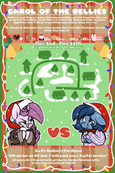 Size: 816x1224 | Tagged: safe, artist:mulberrytarthorse, derpibooru import, oc, oc:huckleberry bleu, oc:mulberry tart, unofficial characters only, pony, series:carol of the bellies, advertisement, animated, caption, christmas, drool, gif, gif with captions, holiday, licking, licking lips, snow, tongue out