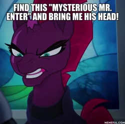 Size: 600x593 | Tagged: safe, derpibooru import, edit, edited screencap, screencap, tempest shadow, pony, my little pony: the movie, caption, death threat, decapitation threat, female, image macro, mare, text, the mysterious mr. enter, threat