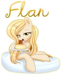 Size: 927x1128 | Tagged: suggestive, artist:acersiii, derpibooru import, oc, oc:flan, unofficial characters only, pony, unicorn, bedroom eyes, blushing, cushion, female, food, legends of equestria, looking at you, mare, pudding, salivating, simple background, solo, tongue out, transparent background