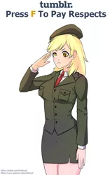 Size: 590x920 | Tagged: artist:draltruist, clothes, derpibooru import, derpy hooves, female, human, humanized, press f to pay respects, safe, salute, simple background, solo, tumblr, tumblr 2018 nsfw purge, tumblr drama, uniform