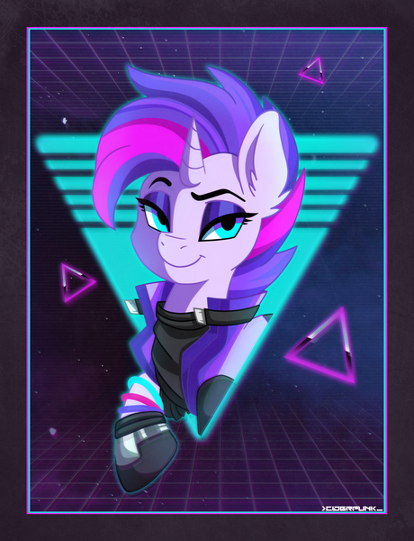 Size: 2300x3000 | Tagged: safe, artist:ciderpunk, derpibooru import, oc, oc:synthwave, pony, 80s, bust, clothes, cyberpunk, glowstick, looking at you, poster, punk, retro, retrowave, synthwave, vest