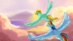 Size: 2560x1441 | Tagged: safe, artist:rutkotka, derpibooru import, lightning dust, rainbow dash, pegasus, pony, cloud, commission, duo, feather, female, flying, friends, looking at each other, looking back, mare, mountain, sky, smiling, spread wings, wallpaper, wings, ych result
