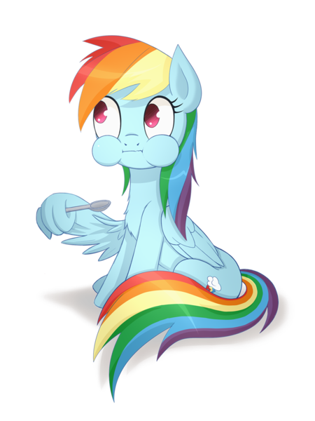 Size: 900x1200 | Tagged: safe, artist:zetamad, derpibooru import, rainbow dash, pegasus, pony, best gift ever, cute, dashabetes, eating, female, mare, simple background, solo, spoon, transparent background, wing hands, wing hold, wings