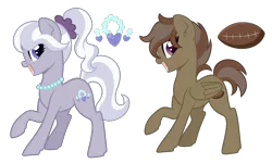 Size: 1500x900 | Tagged: safe, artist:lullabyprince, artist:palerose522, derpibooru import, oc, oc:hat-tick, oc:shiny pearls, unofficial characters only, earth pony, pegasus, pony, icey-verse, duo, female, jewelry, lesbian, magical gay spawn, magical lesbian spawn, mare, necklace, next generation, oc x oc, offspring, open mouth, parent:button mash, parent:diamond tiara, parent:rumble, parent:silver spoon, parents:rumblemash, parents:silvertiara, pearl necklace, ponytail, raised hoof, scrunchie, shipping, simple background, transparent background