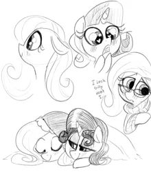 Size: 813x922 | Tagged: safe, artist:whydomenhavenipples, derpibooru import, fluttershy, rarity, pegasus, pony, unicorn, blushing, clothes, dialogue, eyes closed, female, flarity, floppy ears, glasses, grayscale, hat, heart eyes, lesbian, lidded eyes, mare, monochrome, nightcap, open mouth, prone, shipping, simple background, sketch, sleeping, smiling, sweater, white background, wingding eyes