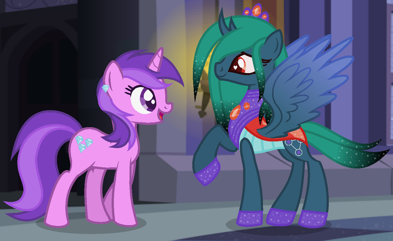 Size: 1408x864 | Tagged: alternate universe, amethyst star, artist:razorbladetheunicron, base used, canterlot castle, changepony, colored wings, crown, cutie mark, derpibooru import, duo, ear piercing, earring, gradient mane, gradient wings, hybrid, jewelry, lateverse, next generation, oc, oc:princess zenith, offspring, parent:pharynx, parent:princess luna, parents:lunarynx, piercing, regalia, safe, sparkly mane, wings