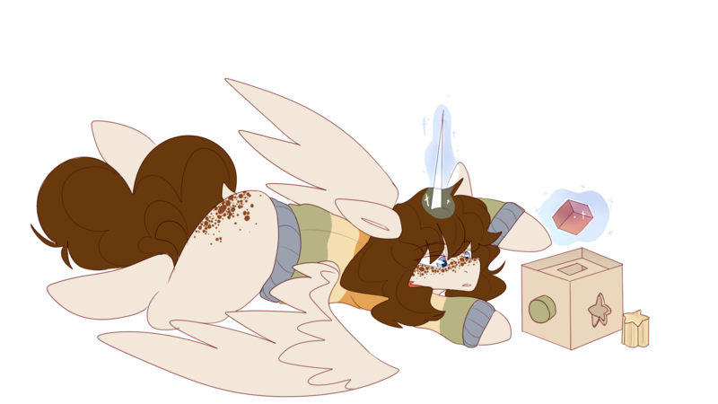 Size: 1920x1080 | Tagged: safe, artist:teapup, derpibooru import, oc, oc:faerie, unofficial characters only, pony, ageplay, blocks, cute, desaturated, fullbody, levitation, lying down, magic, playing with toys, reaching, simple background, solo, spread wings, stress, stress relief, telekinesis, toy, transparent background, white outline, wings