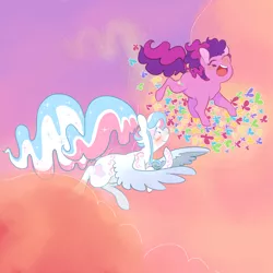 Size: 1280x1280 | Tagged: safe, artist:let-the-rainbow-remind-us, derpibooru import, skywishes, star catcher, butterfly, earth pony, pegasus, pony, dancing in the clouds, blushing, couple, female, flying, g3, happy, laughing, lesbian, lidded eyes, ponytail, shipping, sky wishes, skycatcher, tickling