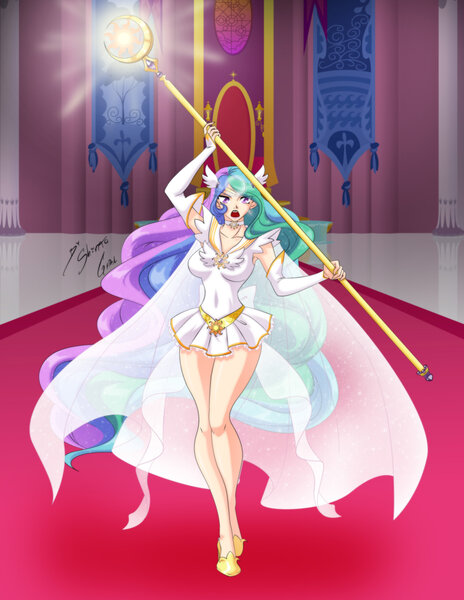 Size: 2153x2786 | Tagged: alternate version, artist:shinta-girl, breasts, cleavage, clothes, derpibooru import, dress, female, human, humanized, magic, princess celestia, safe, sailor moon, scepter, solo, staff