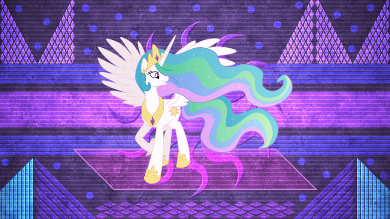 Size: 3840x2160 | Tagged: safe, artist:laszlvfx, artist:pinkiemina, derpibooru import, edit, princess celestia, alicorn, pony, female, raised hoof, smiling, solo, wallpaper, wallpaper edit