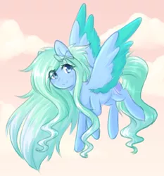 Size: 3110x3344 | Tagged: safe, artist:fluffymaiden, derpibooru import, oc, oc:amaranthine sky, unofficial characters only, pegasus, pony, blushing, bow, bowtie, cloud, colored wings, cute, female, looking at you, mare, sky, smiling, solo, wings