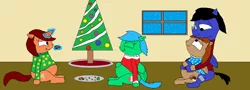 Size: 3904x1404 | Tagged: safe, derpibooru import, oc, oc:blazewing, oc:maggie, oc:pecan sandy, oc:tough cookie, unofficial characters only, pegasus, pony, unicorn, christmas, christmas tree, chubby, clothes, cookie, cute, eating, eyes closed, female, food, happy, hearth's warming, holiday, hug, male, mare, plate, plump, smiling, snow, snuggling, stallion, sweater, tree, window, winter