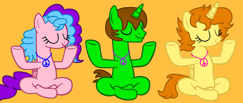 Size: 1024x436 | Tagged: safe, artist:angrybeavers1997, derpibooru import, oc, oc:aspen, oc:bella pinksavage, oc:ryan, alicorn, pony, alicorn oc, horn, implied saddle arabia, implied somnambula, jewelry, lotus position, meditating, necklace, peace symbol, ryspen, wings