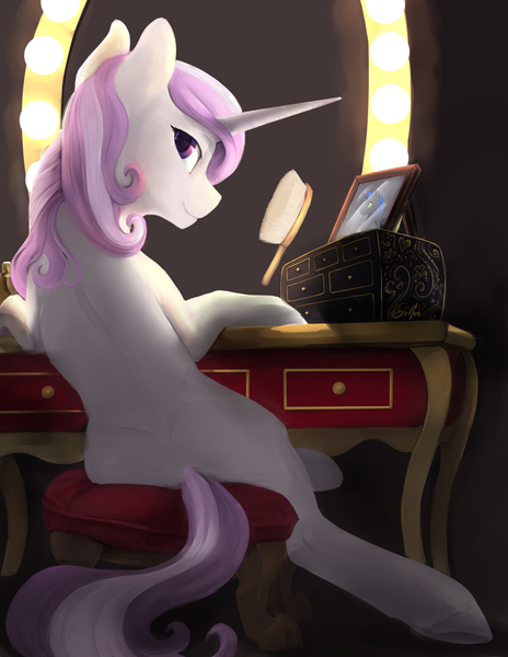 Size: 1020x1320 | Tagged: safe, artist:silfoe, derpibooru import, fleur-de-lis, oc, pony, unicorn, backlighting, brush, commission, female, looking at you, looking back, looking back at you, mare, mirror, missing cutie mark, solo, vanity