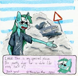 Size: 1280x1261 | Tagged: anthro, artist:ploskostnost, car, date, dating, dating sim, derpibooru import, dialogue, junkyard, lyra heartstrings, safe, solo, traditional art, trash, yield sign