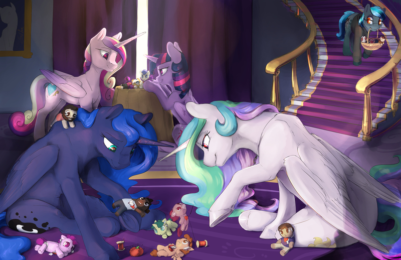 Size: 2040x1320 | Tagged: safe, artist:silfoe, derpibooru import, princess cadance, princess celestia, princess luna, twilight sparkle, twilight sparkle (alicorn), oc, oc:silfoe, alicorn, earth pony, pegasus, pony, commission, female, mare, mouth hold, needle, pincushion, plushie, sewing, stairs, story in the source, story included, thread