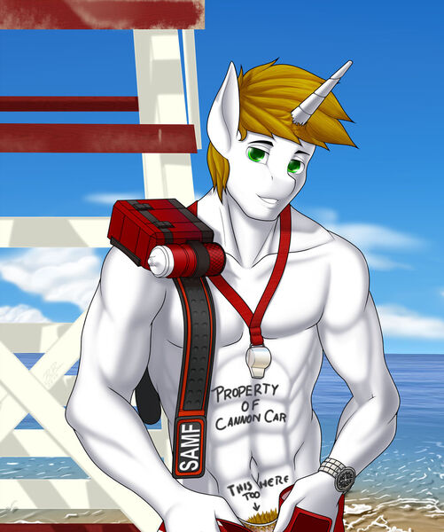 Size: 1024x1226 | Tagged: questionable, artist:pabloracer, derpibooru import, oc, oc:pr, unofficial characters only, anthro, unicorn, anthro oc, beach, male, pubic hair, smiling, solo, solo male