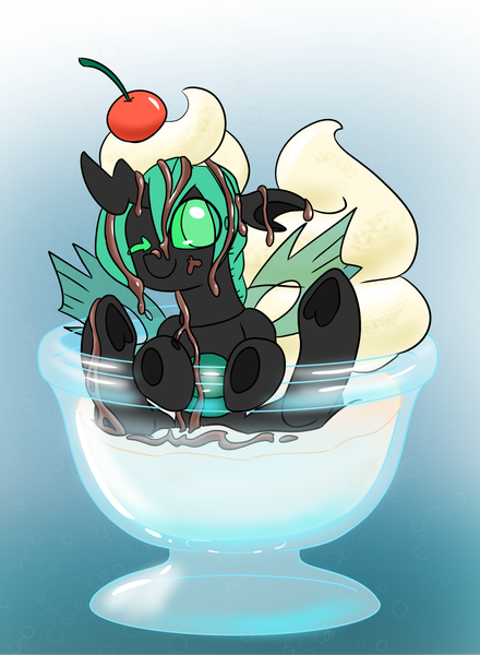 Size: 1000x1364 | Tagged: safe, artist:dudey64, derpibooru import, oc, oc:speculo, changeling, pony, chocolate syrup, cup, cup of pony, food, green changeling, ice cream, imminent yeast infection, insertion, micro, ponies in food, solo