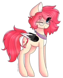 Size: 1024x1270 | Tagged: safe, artist:imbirgiana, derpibooru import, oc, oc:mirabelle, unofficial characters only, pegasus, pony, clothes, digital art, eye clipping through hair, female, glasses, mare, one eye closed, pink hair, pink mane, pink tail, scarf, signature, simple background, solo, transparent background, watermark, wink