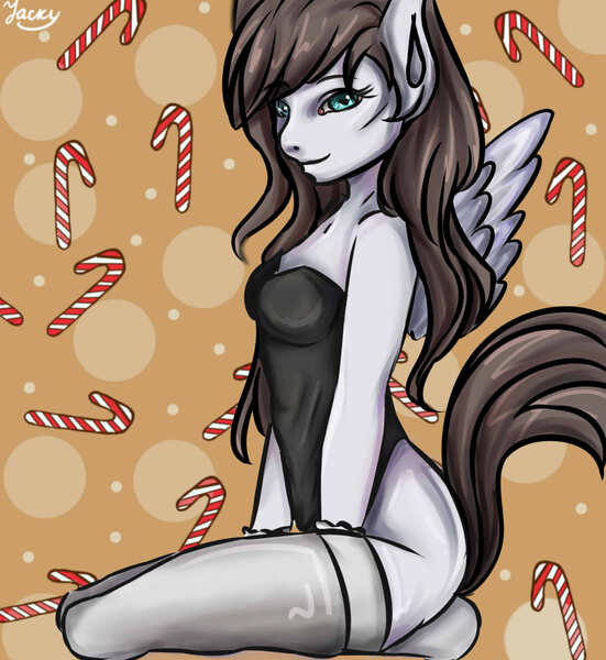 Size: 1838x2000 | Tagged: abstract background, anthro, anthro oc, artist:miledie, candy, candy cane, christmas, clothes, commission, derpibooru import, digital art, female, food, holiday, mare, oc, oc:cloud cover, pegasus, safe, signature, sitting, smiling, socks, thigh highs, unofficial characters only, ych result