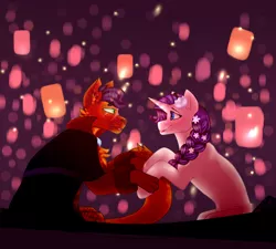 Size: 2000x1800 | Tagged: artist:glitchthunder, braid, capperbetes, capper dapperpaws, capperity, cute, derpibooru import, female, flower, flower in hair, i see the light, looking at each other, male, movie reference, my little pony: the movie, parody, rapunzel, raripunzel, rarity, safe, shipping, straight, tangled (disney), tangled up