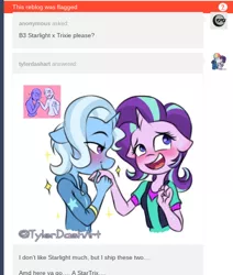 Size: 542x639 | Tagged: safe, artist:tylerdashart, derpibooru import, starlight glimmer, trixie, anthro, unicorn, blushing, clothes, equestria girls outfit, female, holding hands, jacket, kissing, lesbian, open mouth, shipping, shirt, simple background, startrix, sweat, tumblr, tumblr 2018 nsfw purge, tumblr drama, white background