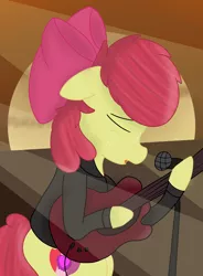 Size: 2424x3300 | Tagged: safe, artist:skyflys, derpibooru import, apple bloom, pony, adorabloom, clothes, cute, female, filly, guitar, jacket, leather jacket, microphone, musical instrument, older, older apple bloom, singing, solo, teenager