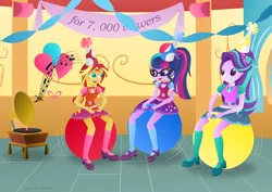 Size: 1024x725 | Tagged: safe, artist:lavenderrain24, derpibooru import, sci-twi, starlight glimmer, sunset shimmer, twilight sparkle, equestria girls, balloon, balloon sitting, belt, bowtie, clothes, female, glasses, grin, hat, hopping, magical trio, mary janes, open mouth, party hat, ponytail, record player, shoes, skirt, smiling, socks, space hopper, thighs, trio, weird fetish