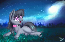 Size: 4096x2650 | Tagged: safe, artist:kawaiipony2, derpibooru import, octavia melody, earth pony, pony, bowtie, cloud, cloudy, colored pupils, cute, female, looking up, lying down, mare, night, night sky, open mouth, side, signature, sky, smiling, solo, stars, tavibetes, wallpaper