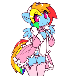 Size: 1024x1024 | Tagged: suggestive, artist:tolsticot, derpibooru import, edit, rainbow dash, pegasus, pony, semi-anthro, adorasexy, animated, arm hooves, beanbrows, clothes, cute, dashabetes, dress, exposing, eyebrows, female, flashing, frame by frame, garters, gif, idle animation, looking at you, loop, maid, mare, moe, multicolored hair, panties, pink underwear, rainbow dash always dresses in style, sexy, simple background, skirt, skirt lift, smiling, socks, solo, solo female, squigglevision, stockings, thigh highs, tomboy taming, uncovering, underwear, white background, wings