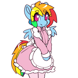 Size: 1024x1024 | Tagged: safe, artist:tolsticot, derpibooru import, edit, rainbow dash, pegasus, pony, semi-anthro, adorasexy, animated, arm hooves, beanbrows, clothes, cute, dashabetes, dress, eyebrows, female, frame by frame, gif, idle animation, looking at you, loop, maid, mare, multicolored hair, rainbow dash always dresses in style, sexy, simple background, skirt, smiling, socks, solo, squigglevision, stockings, thigh highs, tomboy taming, white background, wings