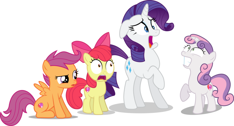 Size: 4278x2298 | Tagged: safe, artist:porygon2z, artist:spencethenewbie, artist:synthrid, artist:tomfraggle, derpibooru import, edit, editor:slayerbvc, vector edit, apple bloom, rarity, scootaloo, sweetie belle, earth pony, pegasus, pony, unicorn, apple bloom's bow, bow, cutie mark, cutie mark crusaders, female, filly, floppy horn, hair bow, horn, looking up, mare, scared, shocked, siblings, sisters, the cmc's cutie marks, vector, wide eyes