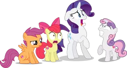 Size: 4278x2298 | Tagged: safe, artist:porygon2z, artist:spencethenewbie, artist:synthrid, artist:tomfraggle, derpibooru import, edit, editor:slayerbvc, vector edit, apple bloom, rarity, scootaloo, sweetie belle, earth pony, pegasus, pony, unicorn, apple bloom's bow, bow, cutie mark, cutie mark crusaders, female, filly, floppy horn, hair bow, horn, looking up, mare, scared, shocked, siblings, sisters, the cmc's cutie marks, vector, wide eyes
