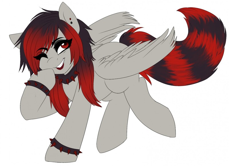 Size: 1280x930 | Tagged: safe, artist:mixipony, derpibooru import, oc, oc:mixi, unofficial characters only, pegasus, pony, bracelet, choker, female, mare, one eye closed, simple background, solo, spiked wristband, white background, wink, wristband